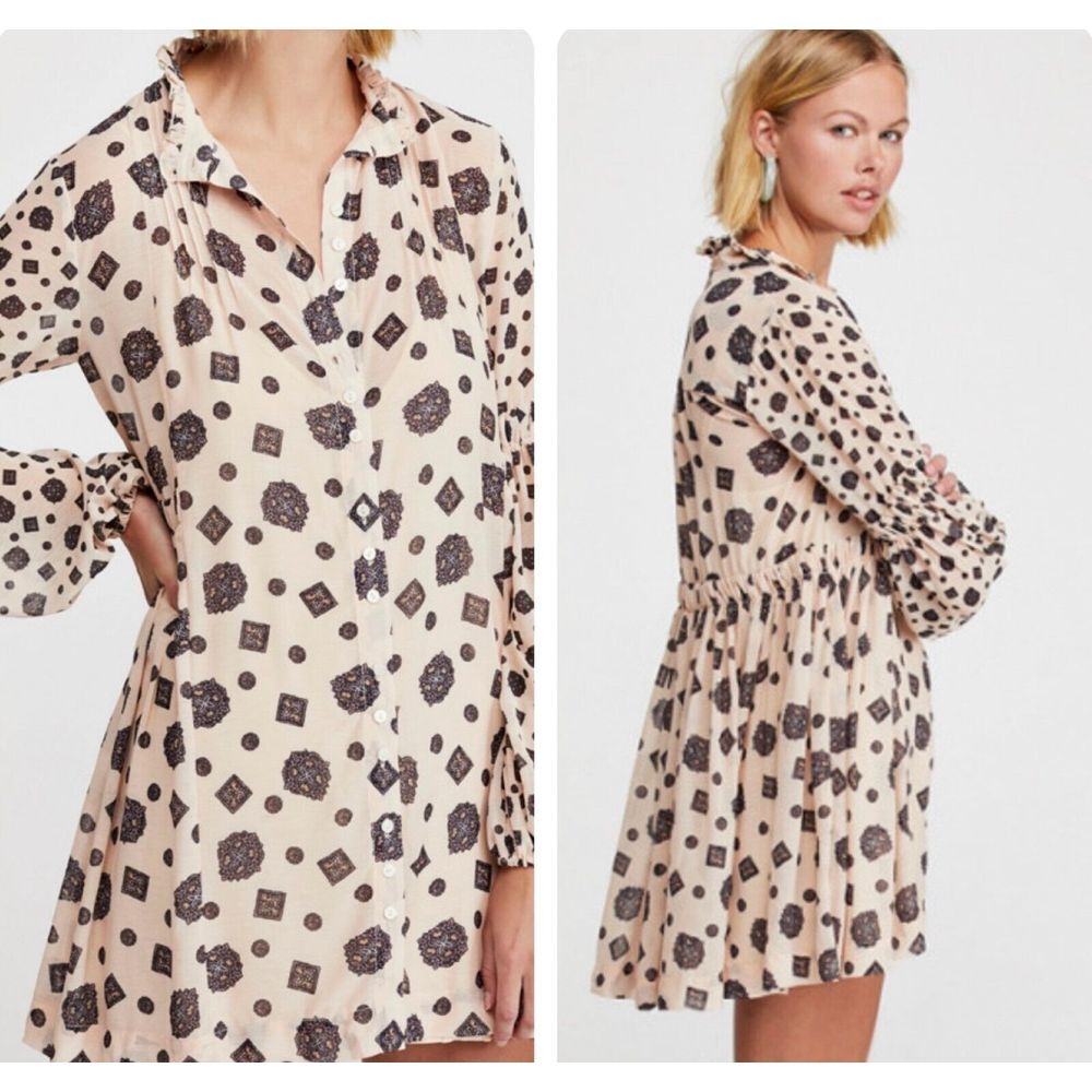 Free People Medium Mini Dress Boho Button Up Long Sleeve Sheer Tunic Tea Combo